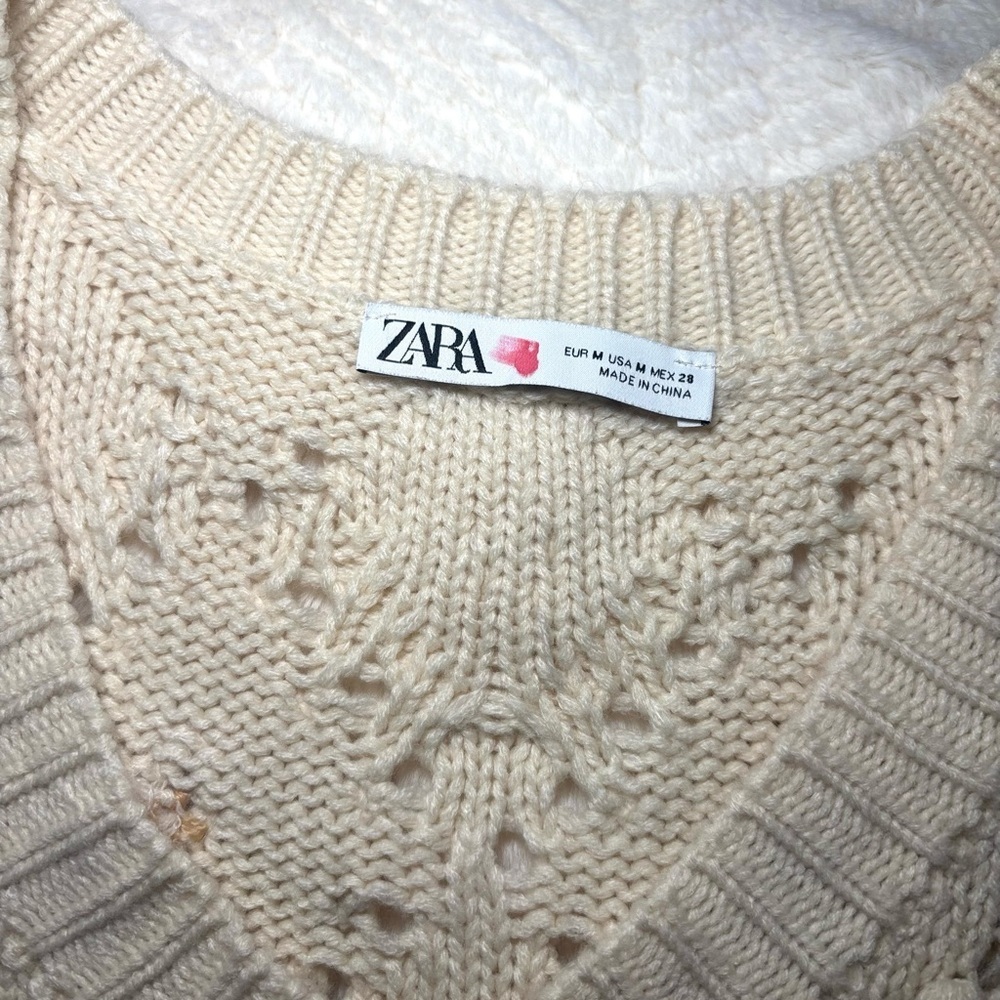 ZARA Cream Knit Bobble Sweater Vest Floral Embroidered Chunky Cottagecore Size M - Picture 2 of 4